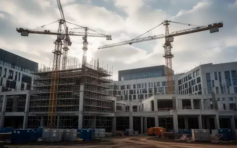 Baustelle an einem Krankenhauskomplex mit Kränen und Gerüsten vor einem bewölkten Himmel. - Foto: über boerse-global.de