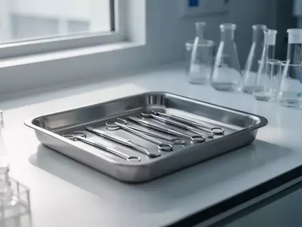 Sterile und hochmoderne Laborumgebung mit medizinischen Instrumenten auf einer Edelstahloberfläche in klinischer Beleuchtung. - Foto: über boerse-global.de