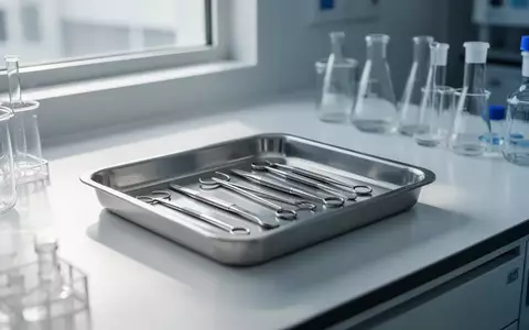 Sterile und hochmoderne Laborumgebung mit medizinischen Instrumenten auf einer Edelstahloberfläche in klinischer Beleuchtung. - Foto: über boerse-global.de