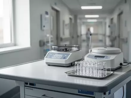 Ein klinischer Untersuchungsraum mit medizinischen Analysegeräten und leeren Glasphiolen auf einem Labortisch. - Foto: über boerse-global.de