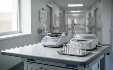 Ein klinischer Untersuchungsraum mit medizinischen Analysegeräten und leeren Glasphiolen auf einem Labortisch. - Foto: über boerse-global.de