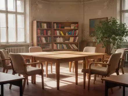 Heller, sonnendurchfluteter Seminarraum mit Sitzkreis und Bücherregalen in einem historischen Gebäude. - Foto: über boerse-global.de