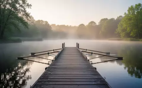Ein hölzerner Bootssteg, der in einen ruhigen See an einem nebligen Morgen hineinreicht. - Foto: über boerse-global.de