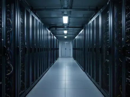 Ein dunkler, modern beleuchteter Serverraum mit Reihen von Server-Racks in kühlem, blauem Licht. - Foto: über boerse-global.de