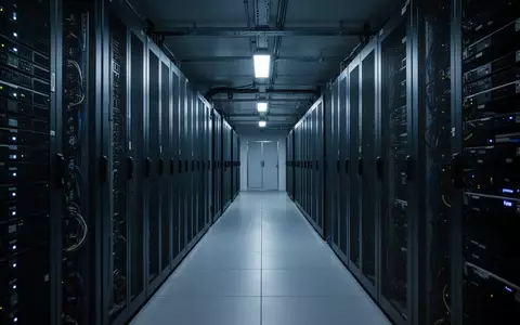 Ein dunkler, modern beleuchteter Serverraum mit Reihen von Server-Racks in kühlem, blauem Licht. - Foto: über boerse-global.de
