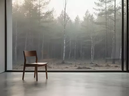 Ein minimalistischer, lichtdurchfluteter Raum mit einem leeren Holzstuhl vor einem Fenster mit Blick auf einen ruhigen Wald. - Foto: über boerse-global.de