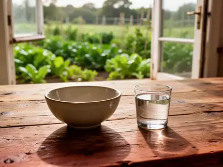 Ein schlichter Holztisch mit einer leeren Keramikschale und einem Glas Wasser vor einem sonnigen Gartenhintergrund. - Foto: über boerse-global.de