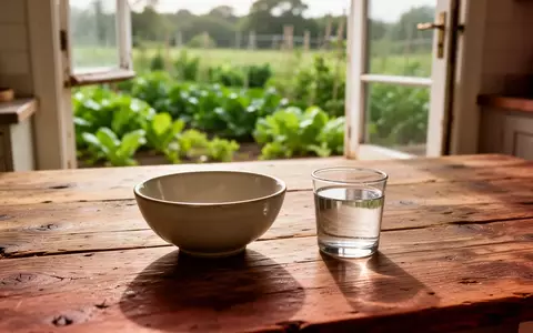 Ein schlichter Holztisch mit einer leeren Keramikschale und einem Glas Wasser vor einem sonnigen Gartenhintergrund. - Foto: über boerse-global.de