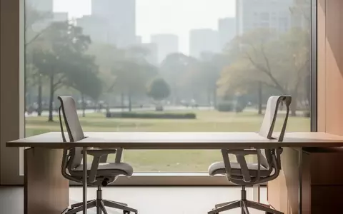Ein leerer, sonnendurchfluteter Büroarbeitsplatz mit einem Schreibtisch vor einem Fenster, das auf einen ruhigen Park blickt. - Foto: über boerse-global.de