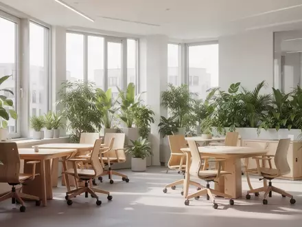 Ein heller, moderner Aufenthaltsraum mit ergonomischen Holzmöbeln und Pflanzen in einer professionellen Arbeitsumgebung. - Foto: über boerse-global.de