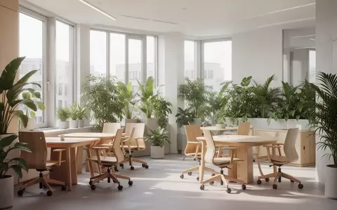 Ein heller, moderner Aufenthaltsraum mit ergonomischen Holzmöbeln und Pflanzen in einer professionellen Arbeitsumgebung. - Foto: über boerse-global.de