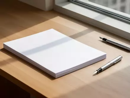 Ein minimalistischer Schreibtisch mit leerem Papier und einem Füllfederhalter bei natürlichem Tageslicht. - Foto: über boerse-global.de