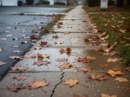 Ein mit nassem Herbstlaub bedeckter Gehweg vor einem Wohnhaus an einem grauen Oktobertag. - Foto: über boerse-global.de
