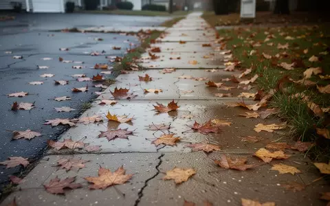 Ein mit nassem Herbstlaub bedeckter Gehweg vor einem Wohnhaus an einem grauen Oktobertag. - Foto: ĂŒber boerse-global.de
