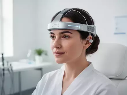 Eine Person trägt ein modernes EEG-Stirnband in einer hellen, klinischen Umgebung. - Foto: über boerse-global.de