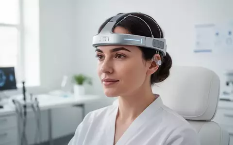 Eine Person trägt ein modernes EEG-Stirnband in einer hellen, klinischen Umgebung. - Foto: über boerse-global.de
