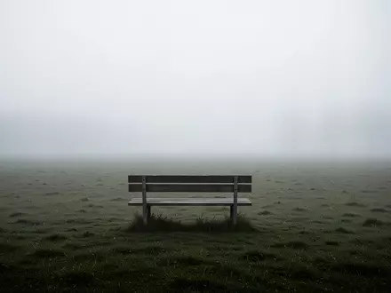 Eine einsame, leere Parkbank auf einer nebligen Wiese in einer ruhigen, melancholischen Landschaft. - Foto: über boerse-global.de
