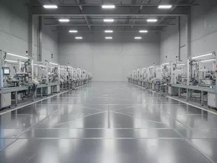 Innenansicht einer modernen, leeren Industriehalle mit poliertem Boden und neutraler Beleuchtung. - Foto: über boerse-global.de