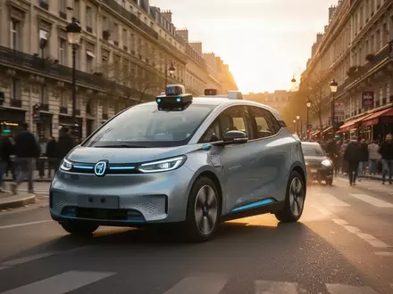 Ein autonomes Testfahrzeug fährt durch eine historische Straße in Paris bei goldenem Licht. - Foto: über boerse-global.de