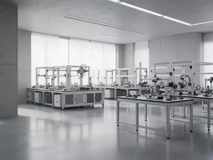 Ein minimalistisches, modernes Robotik-Forschungslabor mit polierten Betonböden und leeren Arbeitstischen in einem hellen Raum. - Foto: über boerse-global.de