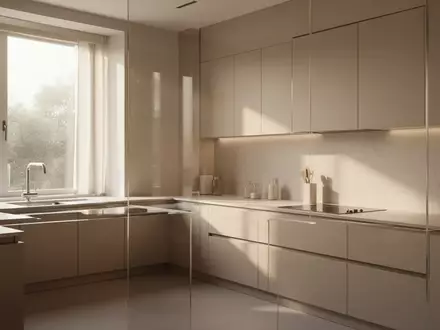 Eine moderne, minimalistische Küche in neutralen Farben mit hellem Tageslicht und leeren, sauberen Arbeitsflächen. - Foto: über boerse-global.de