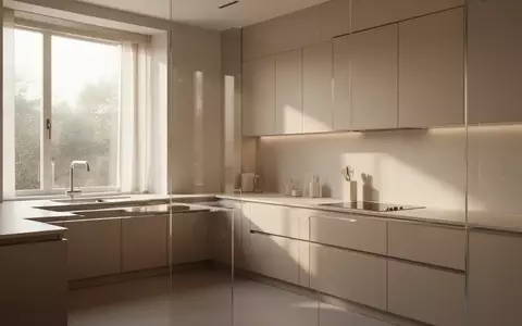 Eine moderne, minimalistische Küche in neutralen Farben mit hellem Tageslicht und leeren, sauberen Arbeitsflächen. - Foto: über boerse-global.de