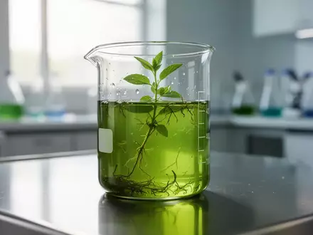 Ein gläsernes Laborgefäß mit einem grünen Pflanzenextrakt auf einer sterilen Arbeitsfläche in einem Forschungslabor. - Foto: über boerse-global.de