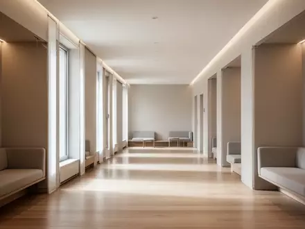 Ein heller, minimalistischer Klinikflur mit ruhigen Sitznischen in einer modernen medizinischen Einrichtung. - Foto: über boerse-global.de