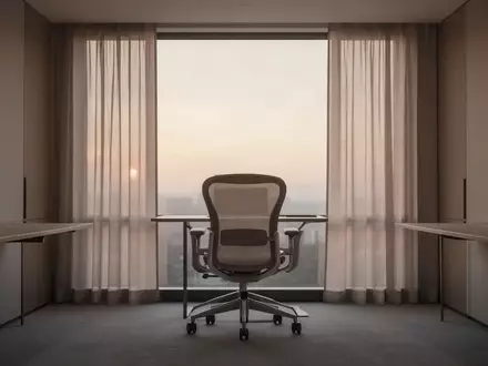 Ein ruhiger, leerer Büroarbeitsplatz mit ergonomischem Stuhl vor einem Fenster im sanften Morgenlicht. - Foto: über boerse-global.de