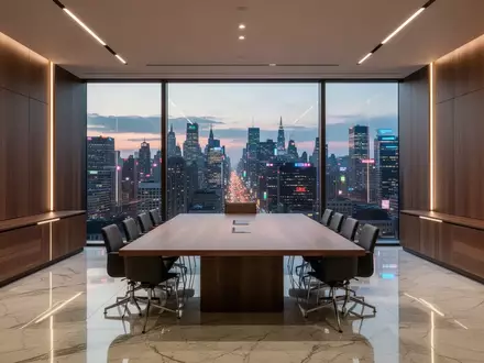 Moderner, minimalistischer Konferenzraum mit bodentiefen Fenstern und Blick auf eine nächtliche Stadtlandschaft. - Foto: über boerse-global.de