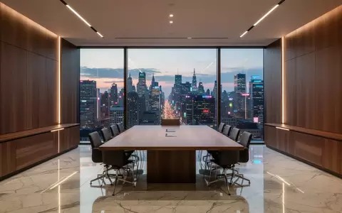 Moderner, minimalistischer Konferenzraum mit bodentiefen Fenstern und Blick auf eine nächtliche Stadtlandschaft. - Foto: über boerse-global.de