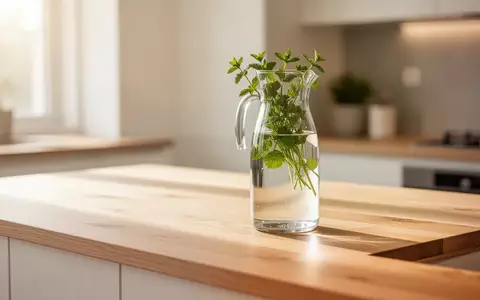 Frische KrĂ€uter in einer Glaskaraffe auf einer hellen Holzarbeitsplatte in einer modernen, aufgerĂ€umten KĂŒche. - Foto: ĂŒber boerse-global.de