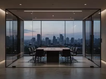Ein minimalistisch gestalteter, leerer Konferenzraum in einem modernen Bürogebäude mit Blick auf eine nächtliche Stadt. - Foto: über boerse-global.de