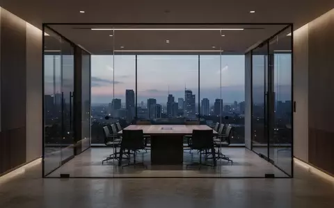 Ein minimalistisch gestalteter, leerer Konferenzraum in einem modernen Bürogebäude mit Blick auf eine nächtliche Stadt. - Foto: über boerse-global.de