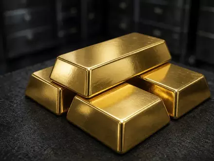Gestapelte Goldbarren auf einer dunklen Oberfläche in einem Tresor. - Foto: über boerse-global.de