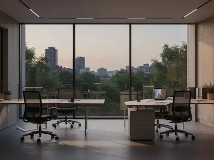 Ein minimalistisch gestaltetes, modernes Büro mit ergonomischen Möbeln und Blick auf eine grüne Stadtlandschaft bei Dämmerung. - Foto: über boerse-global.de