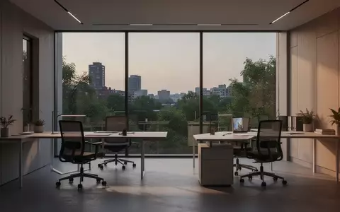 Ein minimalistisch gestaltetes, modernes Büro mit ergonomischen Möbeln und Blick auf eine grüne Stadtlandschaft bei Dämmerung. - Foto: über boerse-global.de