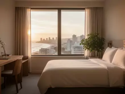 Ein ruhiges, minimalistisches Hotelzimmer im warmen Licht der goldenen Stunde mit einem ordentlich gemachten Bett. - Foto: über boerse-global.de