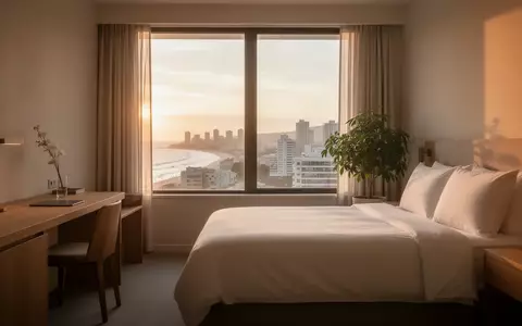 Ein ruhiges, minimalistisches Hotelzimmer im warmen Licht der goldenen Stunde mit einem ordentlich gemachten Bett. - Foto: über boerse-global.de