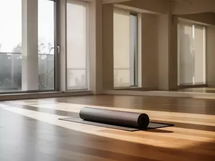 Ein minimalistisch gestalteter Trainingsraum mit einer zusammengerollten Yogamatte auf einem hellen Holzboden bei Tageslicht. - Foto: über boerse-global.de