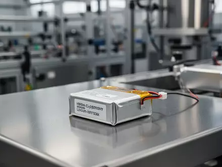 Ein moderner Drohnenakku liegt auf einer glänzenden Stahloberfläche in einer industriellen Fertigungsumgebung. - Foto: über boerse-global.de