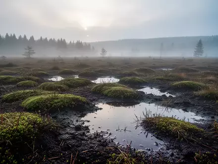 Eine neblige Moorlandschaft im Fichtelgebirge mit dunklem Torfboden und Moosflächen bei natürlichem Tageslicht. - Foto: über boerse-global.de