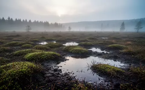 Eine neblige Moorlandschaft im Fichtelgebirge mit dunklem Torfboden und Moosflächen bei natürlichem Tageslicht. - Foto: über boerse-global.de