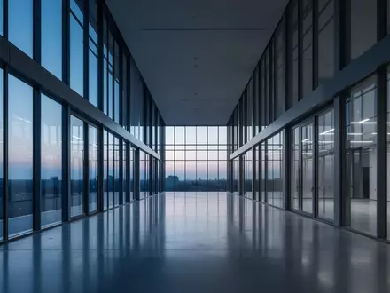 Ein moderner, menschenleerer Büroflur mit Glaswänden bei Dämmerung, in kühles, blaues Licht getaucht. - Foto: über boerse-global.de