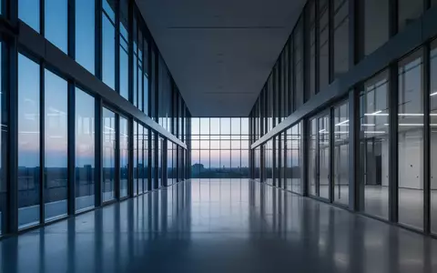 Ein moderner, menschenleerer Büroflur mit Glaswänden bei Dämmerung, in kühles, blaues Licht getaucht. - Foto: über boerse-global.de