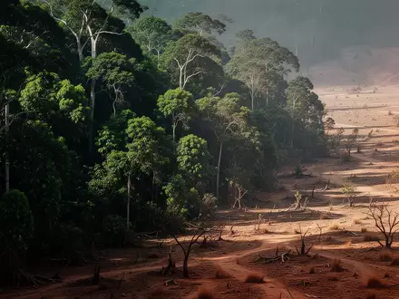 Landschaftsaufnahme mit einem Übergang von einem üppigen Wald zu einer trockenen, kargen Umgebung als Symbol ökologischer Krisen. - Foto: über boerse-global.de