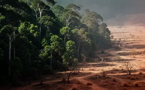 Landschaftsaufnahme mit einem Übergang von einem üppigen Wald zu einer trockenen, kargen Umgebung als Symbol ökologischer Krisen. - Foto: über boerse-global.de