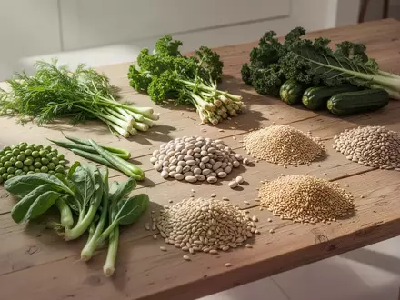 Frische, gesunde Lebensmittel wie Gemüse, Hülsenfrüchte und Getreide auf einem Holztisch, die eine ausgewogene Ernährung symbolisieren. - Foto: über boerse-global.de