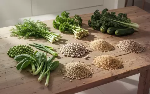 Frische, gesunde Lebensmittel wie Gemüse, Hülsenfrüchte und Getreide auf einem Holztisch, die eine ausgewogene Ernährung symbolisieren. - Foto: über boerse-global.de