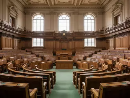 Leere Sitzreihen im Plenarsaal des nordirischen Parlaments mit hölzernen Bänken und traditioneller Architektur. - Foto: über boerse-global.de